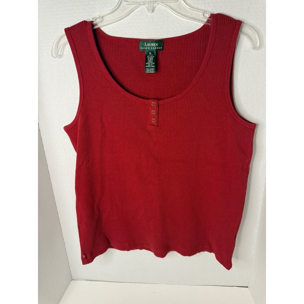 Lauren Ralph Lauren Red Ribbed Henley Tank Top Women's XL Cotton